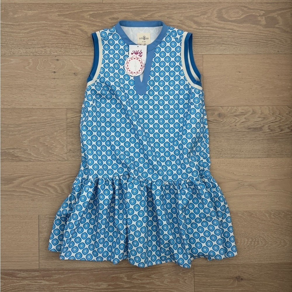 Umgee Blue/White Geometric V-Neck Sleeveless Mini Dress Ruffle Hem S